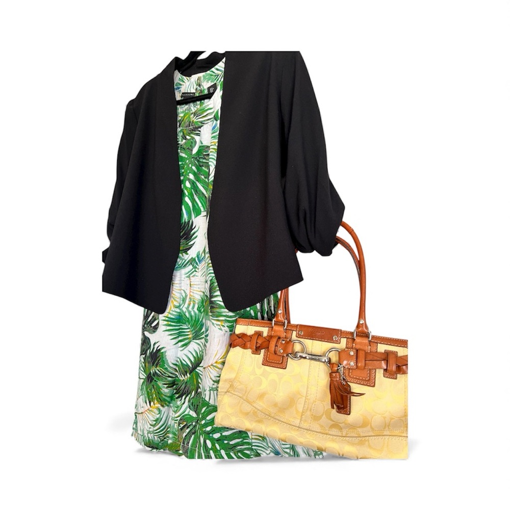 Tahari Green and White Tropical Print Linen Dress